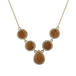 Peach Druzy Natural Stone With CZ Border, Gold Plated Sterling Silver Necklace, 16