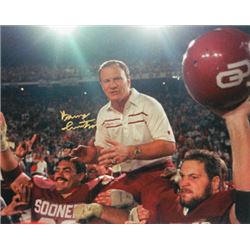 Barry Switzer Signed Oklahoma Sooners 16X20 Color Photo (1985 National Champs-Carried Off Field- Gol