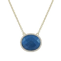 Lapis 15X18mm Semi Precious Oval Stone, Set In Gold Tone Sterling Silver With CZ, Necklace- 16