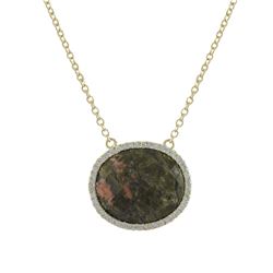 Unakite (Olive) 15X18mm Semi Precious Oval Stone, Set In Gold Tone Sterling Silver With CZ, Necklace