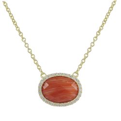 Coral 10X13mm Semi Precious Oval Stone, Set In Gold Tone Sterling Silver With CZ, Necklace- 16