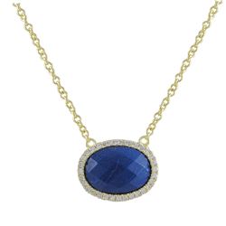 Sodalite 18X21mm Semi Precious Oval Stone, Set In Gold Tone Sterling Silver With CZ, Necklace- 16