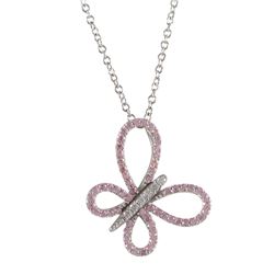 Rhodium Plated Sterling Silver, Open Butterfly, With Pink And White CZ Pendant, 1.02&Quot;