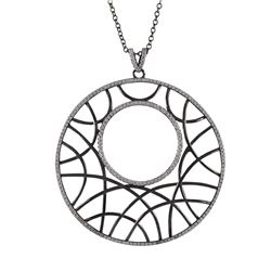 Rhodium And Black Plated Sterling Silver, 51Mm Circle, Line Design CZ Pendant, 1.65&Quot;