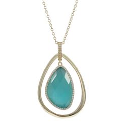 Aqua Cat's Eye Semi Precious Stone In Gold Plated  Sterling Silver Open Teardop CZ Pendant, 1.81&Quo