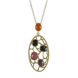 Gold Plated Sterling Silver, Multi Color Faceted Semi Precious Flat Stones, Filigree Pendant, 2.18&Q