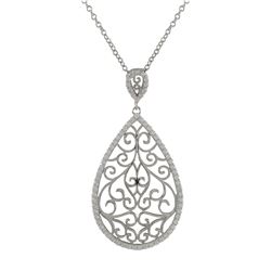 Sterling Silver 26X40mm Filigree Teardrop Pendant With White CZ Border- 2"