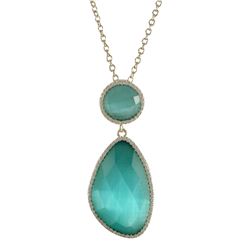 Aqua Cat's Eye Faceted Semi Precious Stone With CZ Border, 12Mm Round Circle, Gold Plated Sterling S