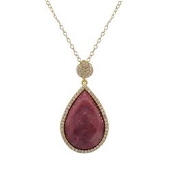 Rhodonite(Pink) Semi Precious 13X20 Faceted Teardrop Stone, Gold Plated Sterling Silver CZ Pendant, 