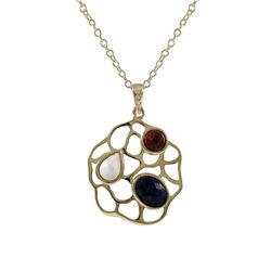 Gold Plated Sterling Silver Pendant With Dark Multi Color Semi Precious Stones- 1.26"