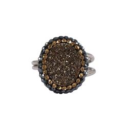 Coffee Druzy Natural Stone, Surrounded With Champagne And Black Czech Crystals, Rhodium Plated Sterl