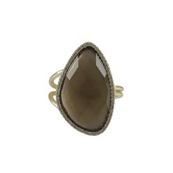 Smoky Quartz Semi Precious Faceted Stone With CZ Border, On Gold Plated Sterling Silver Adjustable R