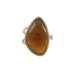 Carnelian Cat's Eye Semi Precious Faceted Stone With CZ Border, On Gold Plated Sterling Silver Adjus