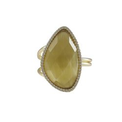 Citrine Cat's Eye Semi Precious Faceted Stone With CZ Border, On Gold Plated Sterling Silver Adjusta