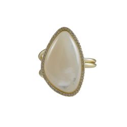 Mother Of Pearl Stone With CZ Border, On Gold Plated Sterling Silver Adjustable Ring, Size 5-9