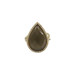 Smoky Quartz Semi Precious 13X20 Faceted Teardrop Stone, Gold Plated Sterling Silver CZ Adjustable R