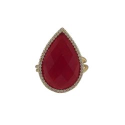 Red Jade Semi Precious 13X20 Faceted Teardrop Stone, Gold Plated Sterling Silver CZ Adjustable Ring,