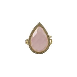 Rose Quartz Semi Precious 13X20 Faceted Teardrop Stone, Gold Plated Sterling Silver CZ Adjustable Ri