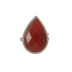 Fire Jade Semi Precious 13X20 Faceted Teardrop Stone, Gold Plated Sterling Silver CZ Adjustable Ring