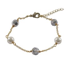 6Mm Silver AB Preciosa Beads And 6Mm White Glass Pearls On Gold Plated Brass Chain Bracelet, 5.5