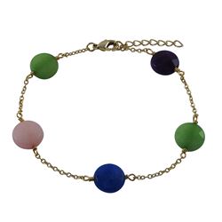 Dark Multi Color Semi Precious Round Flat Stones On Gold Plated Sterling Silver Chain Bracelet