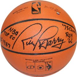 Rick Barry Signed Indoor/Outdoor NBA Basketball 4 Stat HOF 1987, NBA Top 50, 75 Champs & ROY 66- Ste