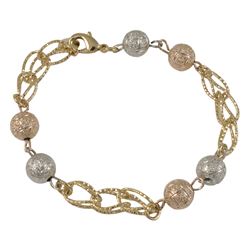 Silver And Rose Plated 8Mm Etched Balls In Gold Link Chain, Tri Color Bracelet, 7.5