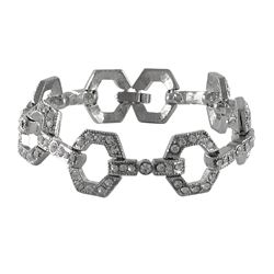 Silver Tone Brass Crystal Bracelet With Foldover Clasp- 7"