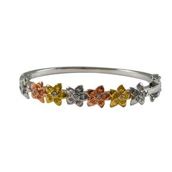 Tri Color Flowers With White CZ Center Silver Color Brass Bangle, 35Mm