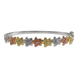 Tri Color Flowers With White CZ Center Silver Color Brass Bangle, 42Mm