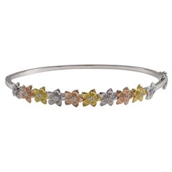 Tri Color Flowers With White CZ Center Silver Color Brass Bangle, 57Mm