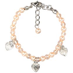 Pink Bead Baby Bracelet, Silver Tone Brass Heart Charms, 4