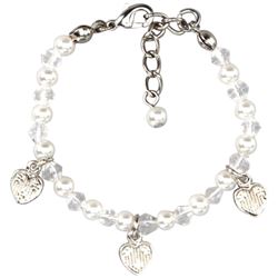 White Bead Baby Bracelet, Silver Tone Brass Heart Charms, 4