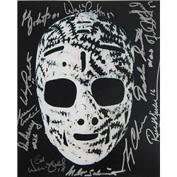 Boston Bruins Greats Signed 8X10 Photo On Cheevers Mask W/ 11 Signatures