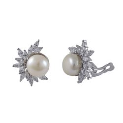 Sterling Silver Earrings With White Fresh Water Pearl And White Czs, Silver Tone Brass Clip, 21Mm Lo