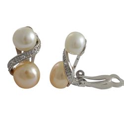 Sterling Silver Pink And White Double Pearl CZ Clip On Earrings-0.91"