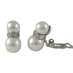 Sterling Silver CZ White Pearl Clip On Earrings-0.75