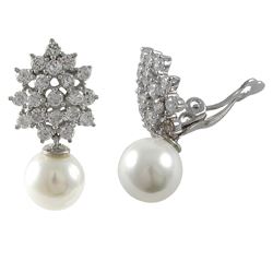 Sterling Silver CZ Cluster With Dangling 10Mm White Pearl Clip On Earrings- 1.15