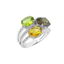 SS CITRINE / PERIDOT / SQ / DIAMOND RING - Size 7 (#9670MUL)