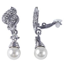 Silver Tone Alloy Clip Earrings With Crystals And Pearl -1.61