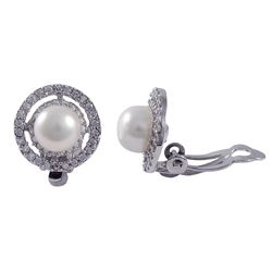 Sterling Silver CZ With 8Mm White Pearl Clip Earrings- 0.56