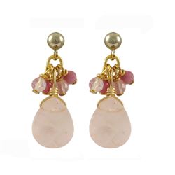 Rose Quartz Combination Semi Precious Stones, Gold Plated Sterling Silver Post Earrings, 1"