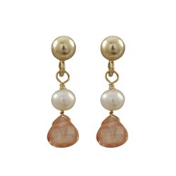 Gold Plated Sterling Silver Post Earrings With Dangling White 4Mm Pearl And Champagne 5X5mm Teardrop