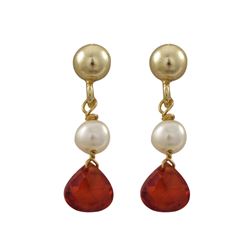 Gold Plated Sterling Silver Post Earrings With Dangling White 4Mm Pearl And Garnet 5X5mm Teardrop CZ