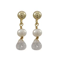 Gold Plated Sterling Silver Post Earrings With Dangling White 4Mm Pearl And White 5X5mm Teardrop CZ,