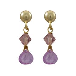 Gold Plated Sterling Silver Post Earrings With Lavender 4Mm Swarovski Bead And Lavender 5X5mm CZ Tea