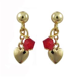 Gold Heart With Red 4Mm Swarovski Bead On Gold Plated Sterling Silver Ball Post Earrings, 0.61"