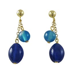 Blue Stones Dangling From Gold Tone Sterling Silver Post Earrings