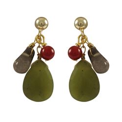 Olive Jade Combination Semi Precious Stones On Gold Plated Sterling Silver Post Earrings-0.87"