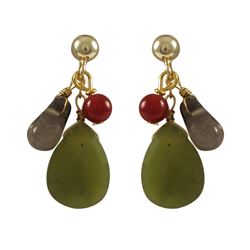 Olive Jade Combination Semi Precious Stones On Gold Plated Sterling Silver Post Earrings-0.87"